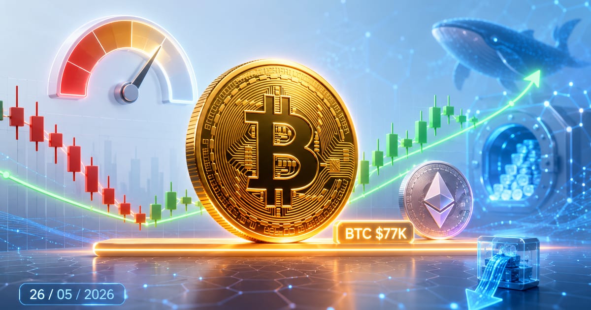 Tổng Quan Thị Trường Crypto 26/05/2026: BTC Giữ Vững $77K, Phục Hồi Nhẹ Giữa Vùng Sợ Hãi — ETF Vẫn Rút Ròng, On-chain Âm Thầm Gom